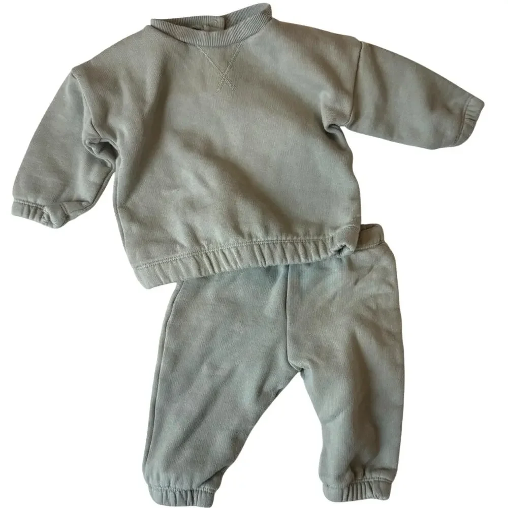 M&S Baby Sweatsuit Joggers Sweatshirt Outfit Green Boy Girl Neutral 9 Months